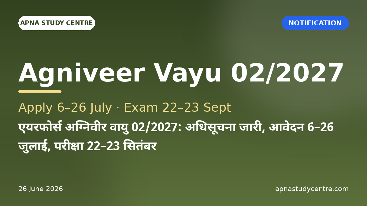 Air Force Agniveer Vayu 02/2027: Notification Out, Apply 6–26 July, Exam 22–23 Sept