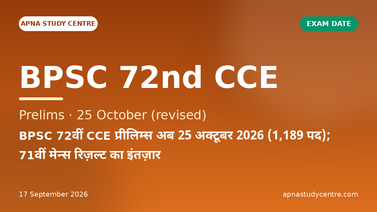 BPSC 72nd CCE Prelims Revised to 25 October 2026 (1,189 Posts); 71st Mains Result Awaited