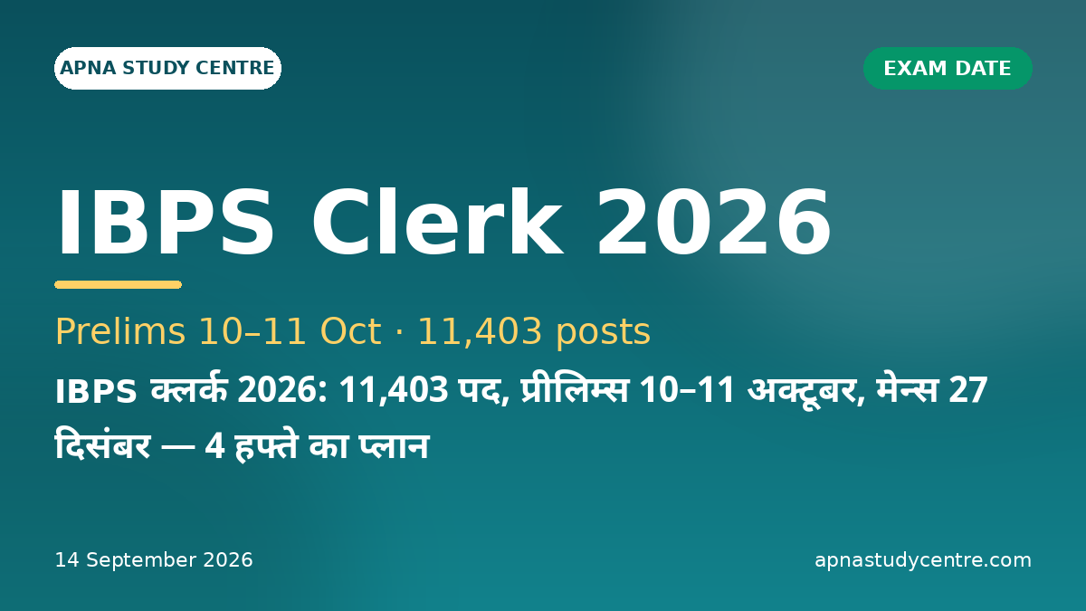IBPS Clerk 2026: 11,403 Posts, Prelims 10–11 Oct, Mains 27 Dec — 4-Week Plan