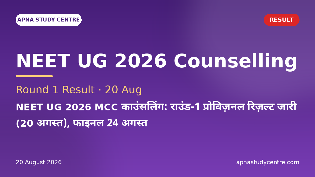 NEET UG 2026 MCC Counselling: Round 1 Provisional Result Out (20 Aug), Final 24 Aug