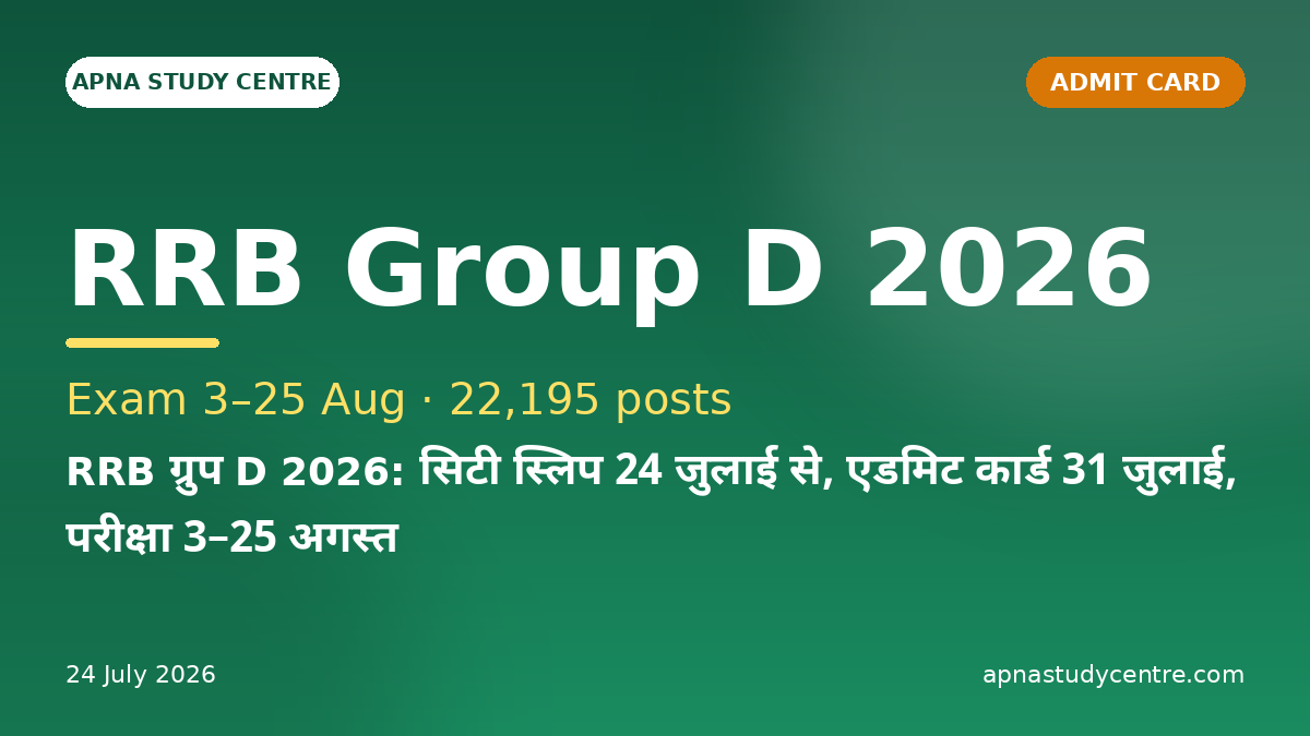 RRB Group D 2026: City Slip from 24 July, Admit Card 31 July, Exam 3–25 August