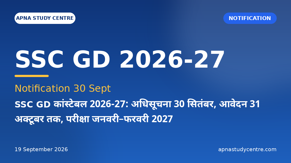 SSC GD Constable 2026-27: Notification on 30 Sept, Apply till 31 Oct, Exam Jan–Feb 2027