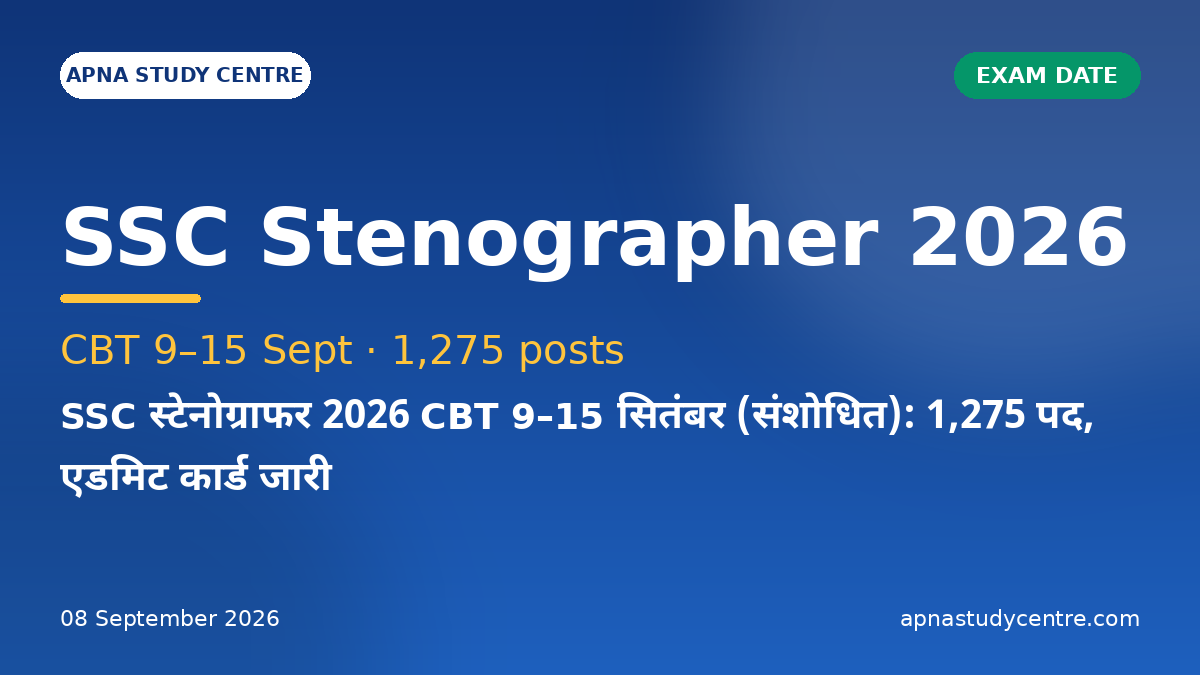 SSC Stenographer 2026 CBT from 9–15 Sept (Revised): 1,275 Posts, Admit Card Live